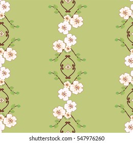 Cherry or apple tree blossom seamless pattern. Spring flowers and green leaves background. 