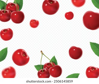 Kirschhintergrund. Fallende Beeren mit unscharfer Wirkung. Rote Kirschen auf transparentem Hintergrund. Saft Werbung Vector 3d realistisch