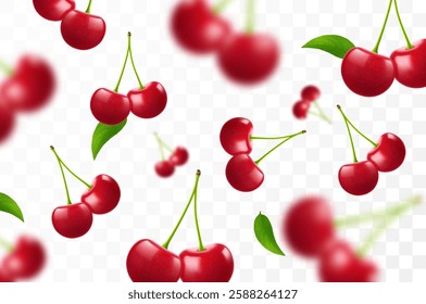 Cherry background. Flying berries with blurry effect. Red cherries falling on transparent background. Can be used for wallpaper, banner, poster, print, fabric, wrapping paper. Vector 3d realistic
