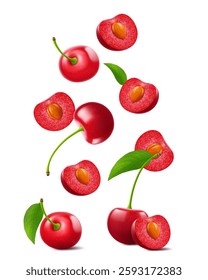 Cherry background. Flying berries with blurry effect. Red cherries falling on transparent background. Can be used for wallpaper, banner, poster, print, fabric, wrapping paper. Vector 3d realistic