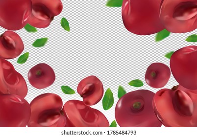 Cherry background. Flying cherries with green leaf on transparent background. 3D realistic fruits. Cherry falling from different angles. Banner. Vector illustration.