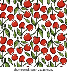 Cherry background, seamless pattern vector illustration. Good for textile, wrapping, wallpapers, etc. Sweet red ripe cherries isolated on white background.