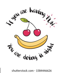 Cherry and banana as a smiling face for t-shirt print.