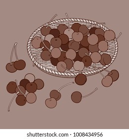 Cherry in basket. Cartoon vector hand drawn abstract illustration 