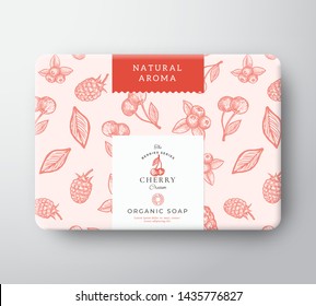 Cherry Bath Soap Cardboard Box. Abstract Vector Wrapped Paper Container with Label Cover. Packaging Design. Modern Typography and Hand Drawn Berries Background Pattern Layout. Isolated.