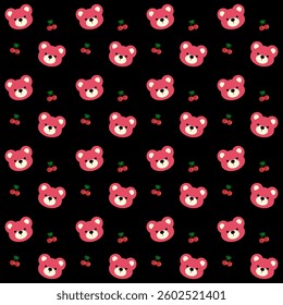 Cherry , Bear on black background , Fabric pattern , Wrapping paper , Seamless pattern