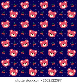 Cherry , Bear on blue background , Fabric pattern , Polka dot, Wrapping paper , Seamless pattern