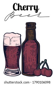 Cherry beer kriek, vector, engraving style
