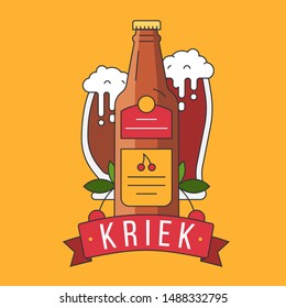 Cherry belium red beer pint in bottle and glass mugs. Linear vector flat design icons collected in illustration for oktoberfest event. Colorful label for pub or bar menu.