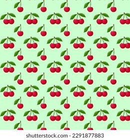 Cherry berries and bunches of cherry seamless pattern. For labels, menus, poster, print, or packaging design. Vector illustration.