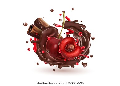 Cherry berries and cinnamon sticks in a chocolate splash.