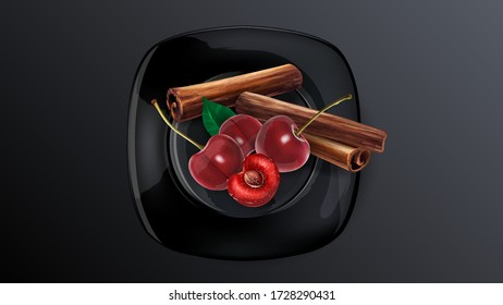 Kirschbeeren und Zimt hängen auf einem schwarzen Gericht.