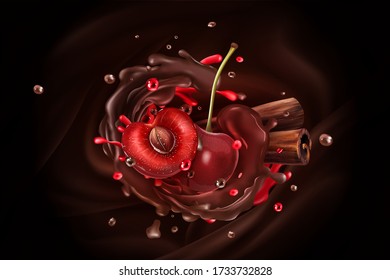 Cherry berries and cinnamon sticks on a chocolate background.