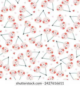Cherry Berries pareja caras patrón sin fisuras en paleta pastel. Vector naive dibujado a mano ilustración de personajes lindos con corazones. Ideal para los textiles del bebé, papel pintado, tela, scrapbooking