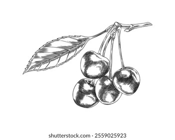 Cherry berries with leaf on stem engraved sketch. Hand drawn fresh ripe fruit design element. Summer food plant, juicy organic dessert, farm harvest ink style. Outline vector illustration isolated