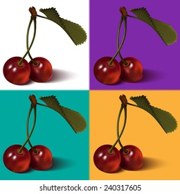 Cherry berries with leaf. Vector. Looks fine on any backgrounds.