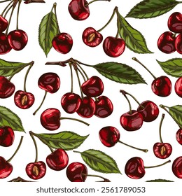 Cherry berries and leaves color sketch seamless pattern. Hand drawn fresh ripe red fruits. Summer garden food plant, juicy dessert, farm harvest. Vector floral background design