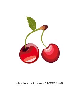 Cherry berries with leaves and cuttings. Isolated icons on white background. Natural all-rounder food. Vegetarian foods. Vector illustration

