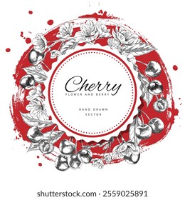 Cherry berries, leaves and flowers engraved sketch round label with lettering. Hand drawn fresh ripe fruit. Summer garden food plant, juicy farm harvest. Vector floral design on pink watercolor stain