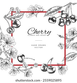 Cherry berries, leaves and flowers engraved sketch label with red square and lettering. Hand drawn fresh ripe fruit. Summer organic plant food, juicy farm harvest. Vector floral package design