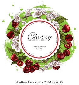 Cherry berries, leaves and flowers sketch round label with lettering. Hand drawn fresh ripe red fruit. Summer organic food plant, juicy farm harvest. Vector floral design on green watercolor stain