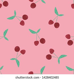 Cherry berries and leaves seamless pattern. Sweet red ripe cherries isolated on pink background. Summer fruit berry wallpaper. Hand drawn vector illustration. Design for fabric, textile print