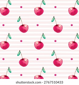 Cherry berries with leaves seamless pattern on the white background. Hand painted watercolor food illustration with summer vibrant red berries for product design, fabric and paper.