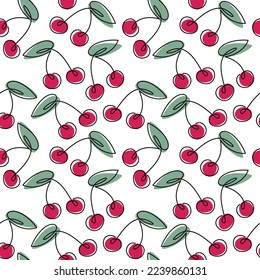 Cherry berries line icon seamless pattern vector. Trendy linear backdrop. Outline continuous illustration. Wallpaper, background, fabric, textile, print, wrapping paper or package design.