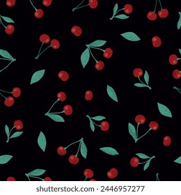 Cherry berries on a black background. Seamless pattern, flat illustration. Stylized fruits, texture effect