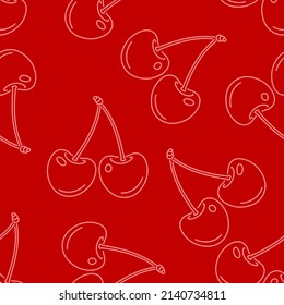 Cherry berries outline seamless pattern. Berry fruit red background. Vector food simple illustration. 