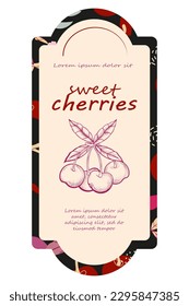 Cherry berries pack or jam, juice packaging design element, label or tag for food products mockup. Cherry packaging label or sticker design template, hand drawn vector illustration.