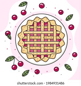 Kirschbeeren-Kuchen mit Blättern und Beeren auf weißem Hintergrund
