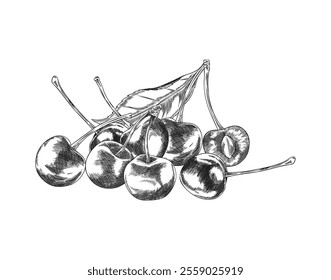 Cherry berries pile with leaf on stem engraved sketch. Hand drawn fresh ripe fruit. Summer food plant, juicy organic dessert, farm harvest ink style. Vector outline illustration isolated