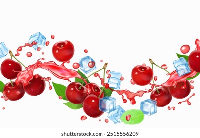 Cherry berries in red juice splash. Cherry beverage cold ice cubes falling 3d vector realistic isolated on white background.