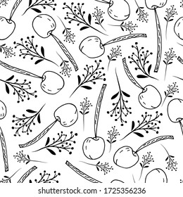 Cherry berries and twigs with small berries on a white background. Monochrome illustration. Vector seamless pattern. Design for fabric, print, wrapping.