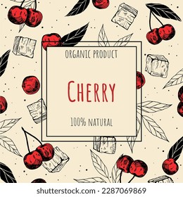 Cherry berries vintage frame or card hand drawn vector illustration design. Cherries and leaves banner template for food packs and labels, cards.