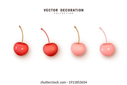 Cherry berry 3d Realistic. Cherry red and pink, matte and glossy shade. Set of berries isolated on white background. Vector illustration