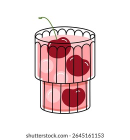 Cherry berry beverage with ice. Summer refreshing drink or сocktail in trendy glass with cherries. Flat vector illustration isolated on white background