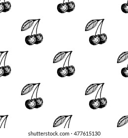Cherry berry. Black and white seamless pattern. Retro design element for wedding greeting card, valentines day invitation, honeymoon postcard, t-shirt. Vintage style, hand drawn pen and ink