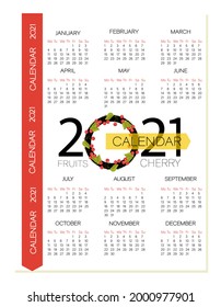 Calendario de cerezos 2021. Planificación. Diseño para planificación semanal, calendario y organizador con frutas. Página. Diario de planificación de estilo minimalista. Ilustración vectorial. 