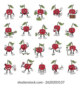 Cherry berry cartoon characters with emotions actions objects gestures costumes and fun expressions in groovy retro outline style