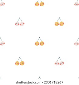 Cherry berry character seamless pattern with smiley face. Hand-drawn cartoon doodle in simple naive style. Vector illustrations in a pastel palette for kids. Isolate cute fruit on a white background