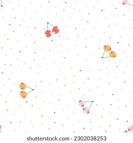 Cherry berry character seamless pattern with smiley face fruit on a polka dot background. Hand-drawn cartoon doodle in simple naive style. Vector illustrations in a pastel palette for kids
