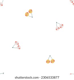 Cherry berry character seamless pattern with smiley face. Hand-drawn cartoon doodle in simple naive style. Vector illustrations in a pastel palette for kids. Isolate cute fruit on a white background