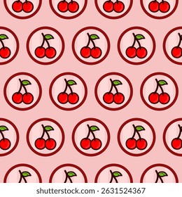 Cherry Berry in The Circle Element Retro Vintage Style Seamless Repeat Pattern Lovely Red Fruits for All Decoration Sticker Embroidery Cross Stitch Wallpaper Food Beverage Healthy Exercise Vegan Card 
