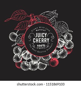 Cherry berry design template. Hand drawn vector fruit illustration on chalk board. Engraved style retro botanical background.