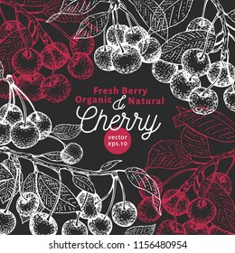 Cherry berry design template. Hand drawn vector fruit illustration on chalk board. Engraved style vintage botanical background.