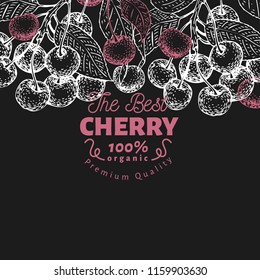 Cherry berry design template. Hand drawn vector fruit illustration on chalk board. Engraved style vintage botanical background.