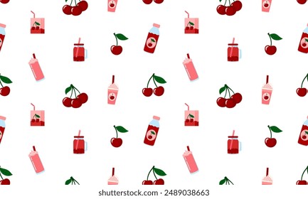 Cherry berry drink seamless pattern. Summer refreshing drinks, juice, milkshake, bubble tea with the taste of Cherry. Flat Vector illustration isolated on white background