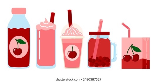 Cherry berry drink set. Summer refreshing drinks, juice, milkshake, bubble tea with the taste of Cherry. Flat Vector illustration isolated on white background